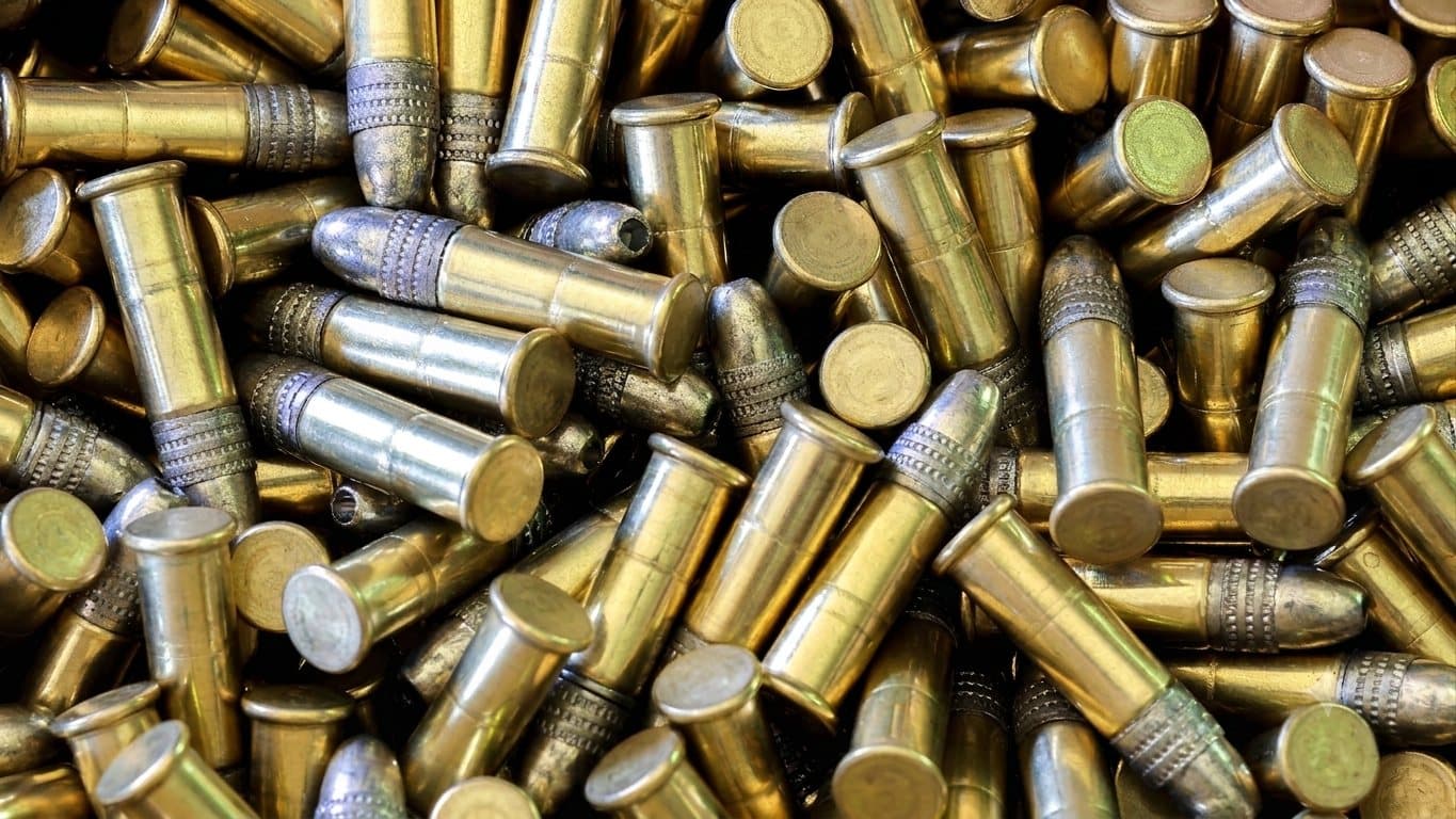 A pile of loose .22 LR rimfire cartridges, plain brass heads and knurled lead bullets