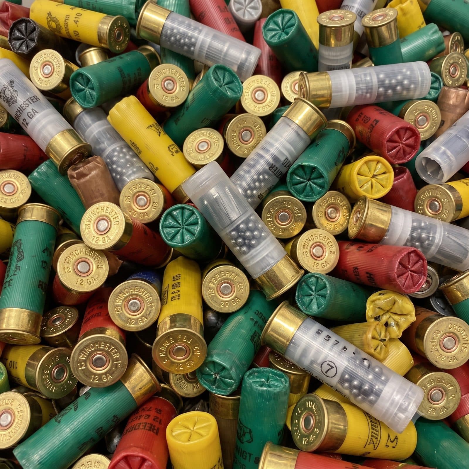 A pile of loose 12 gauge shotshells in red, green and yellow hulls, brass heads up