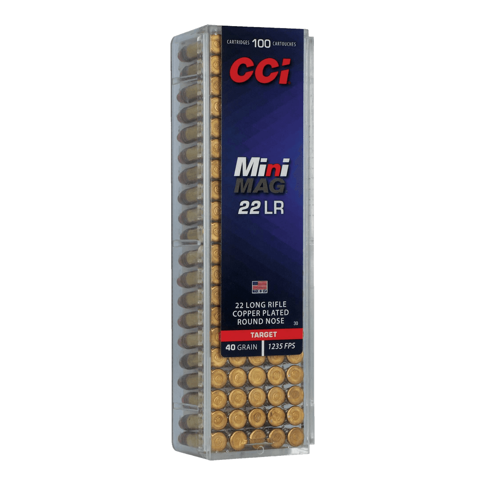 A clear 100-round plastic box of CCI Mini-Mag 22 LR 40 grain copper-plated round nose