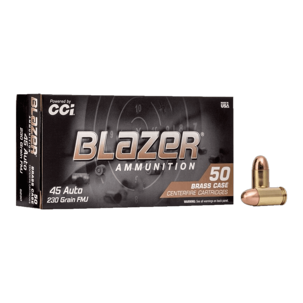 A box of CCI Blazer Brass .45 ACP 230 grain FMJ, with loose cartridges beside it