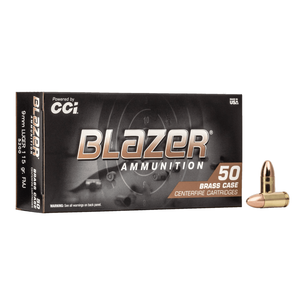 A black 50-cartridge box of CCI Blazer Brass 9mm Luger 115 grain FMJ, with two cartridges beside it