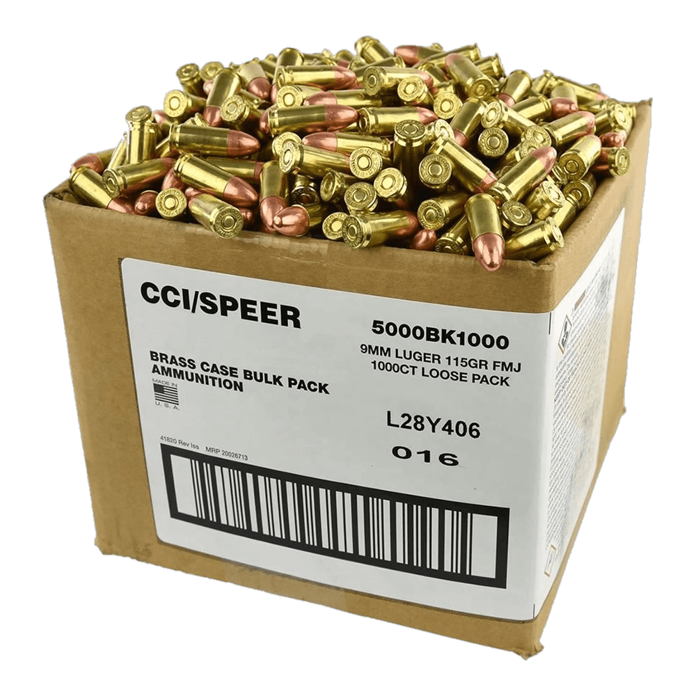 An open cardboard case of CCI/Speer 9mm Luger 115 grain FMJ, 1,000 loose brass-case cartridges heaped over the top