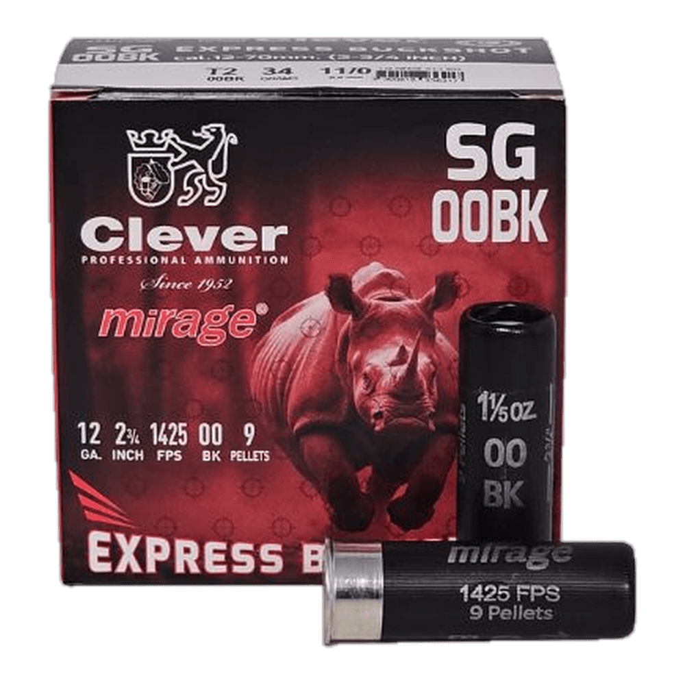 A box of Clever Mirage 12 gauge 00 buckshot, with two shotshells beside it