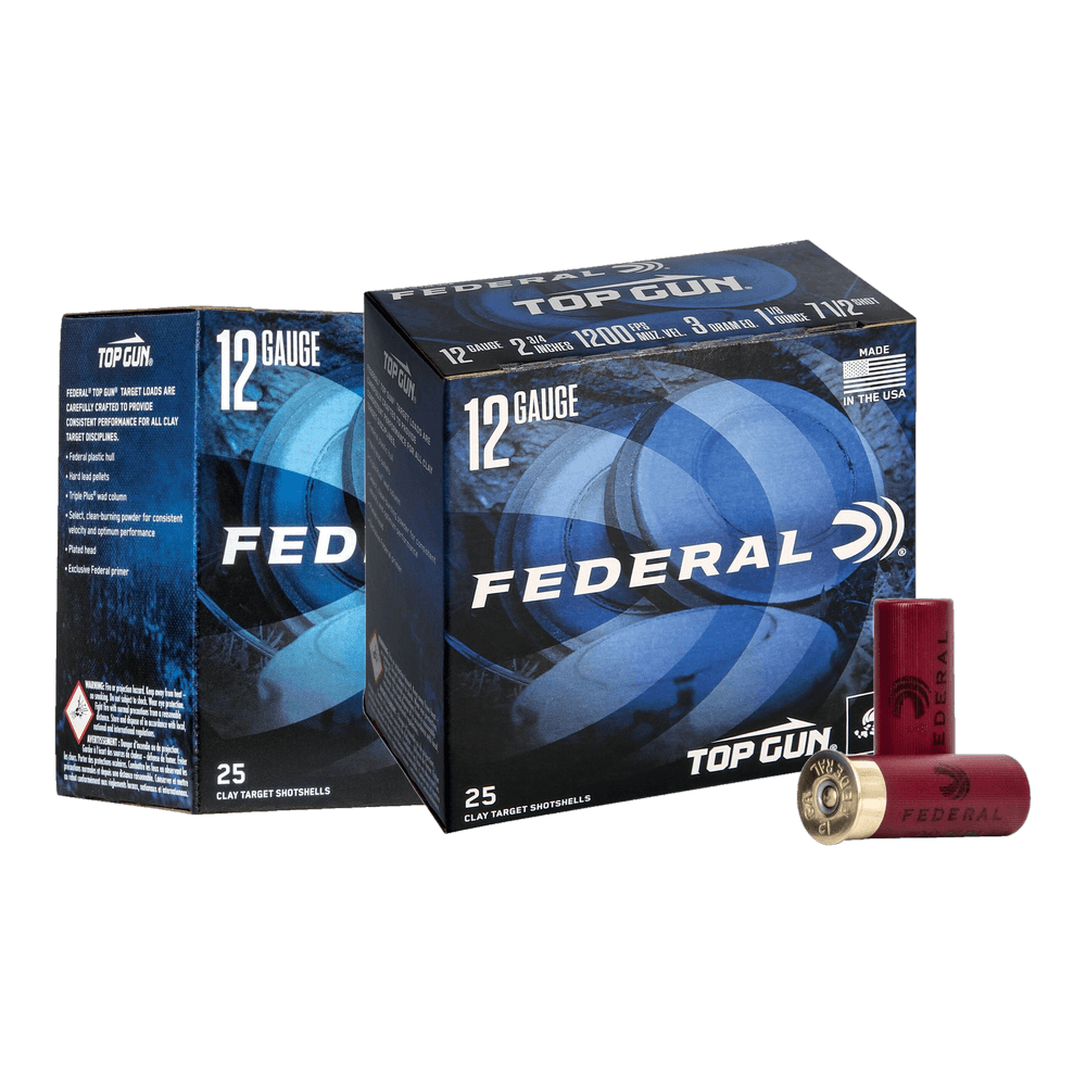 Two blue 25-shotshell boxes of Federal Top Gun 12 gauge target load, number 7-1/2 and number 8 shot, with two red shotshells