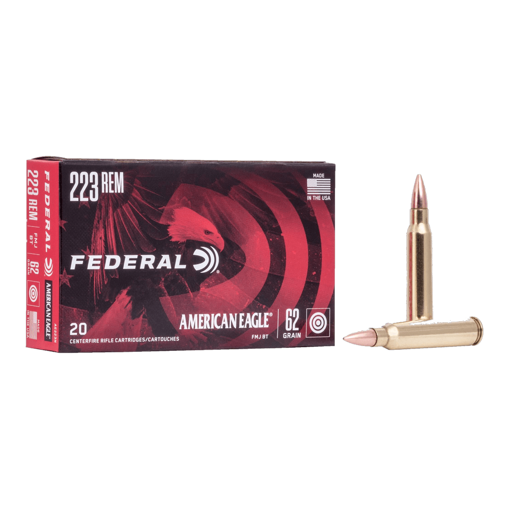 A red and black 20-cartridge box of Federal American Eagle 223 Rem 62 grain FMJ boat-tail, with two cartridges beside it