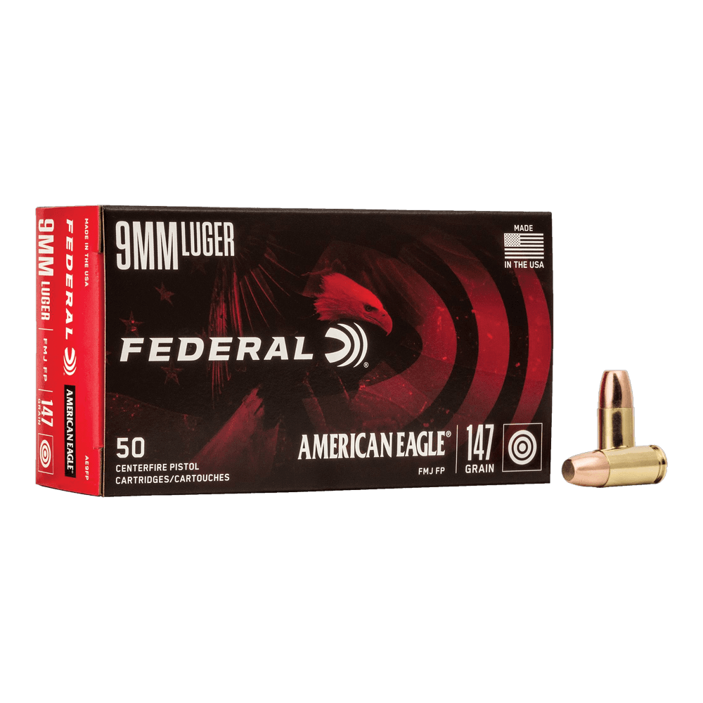 A red and black 50-cartridge box of Federal American Eagle 9mm Luger 147 grain FMJ FP, with two cartridges beside it