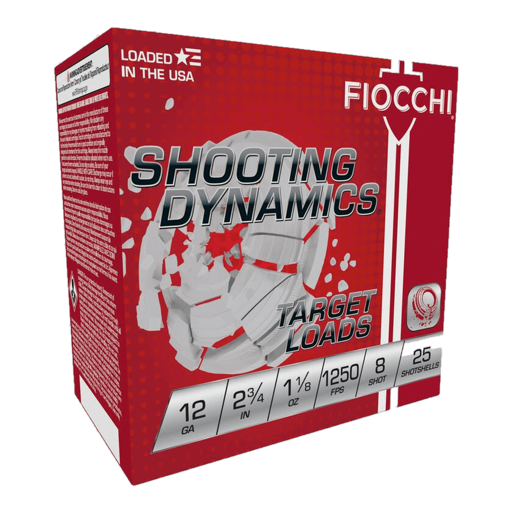 A red 25-shotshell box of Fiocchi Shooting Dynamics 12 gauge target load, number 8 shot