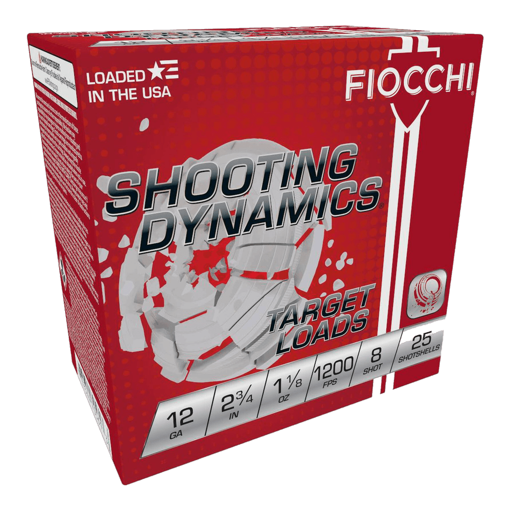 A red 25-shotshell box of Fiocchi Shooting Dynamics 12 gauge target load, 1-1/8 oz of number 8 shot at 1200 fps