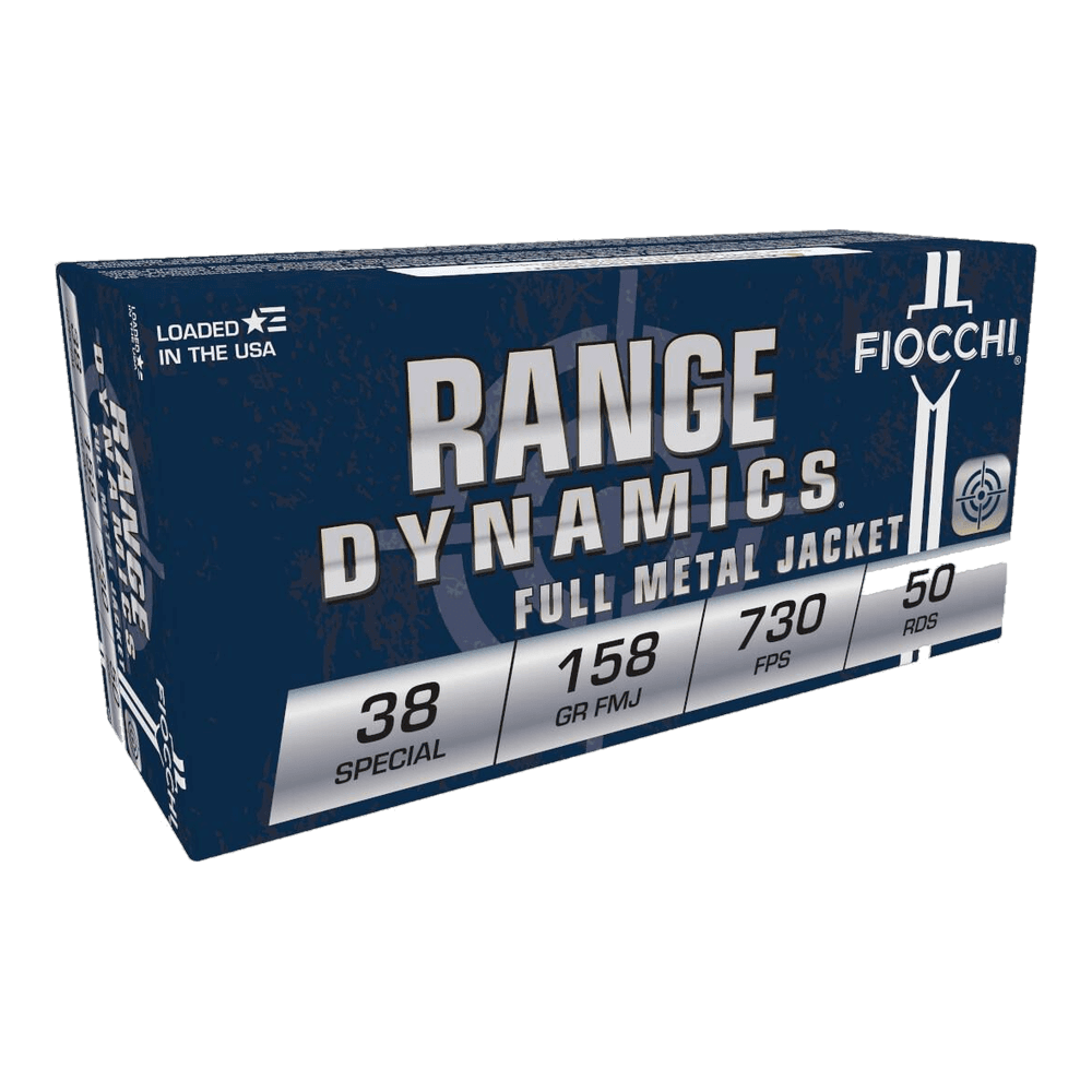 A navy 50-round box of Fiocchi Range Dynamics 38 Special 158 grain FMJ