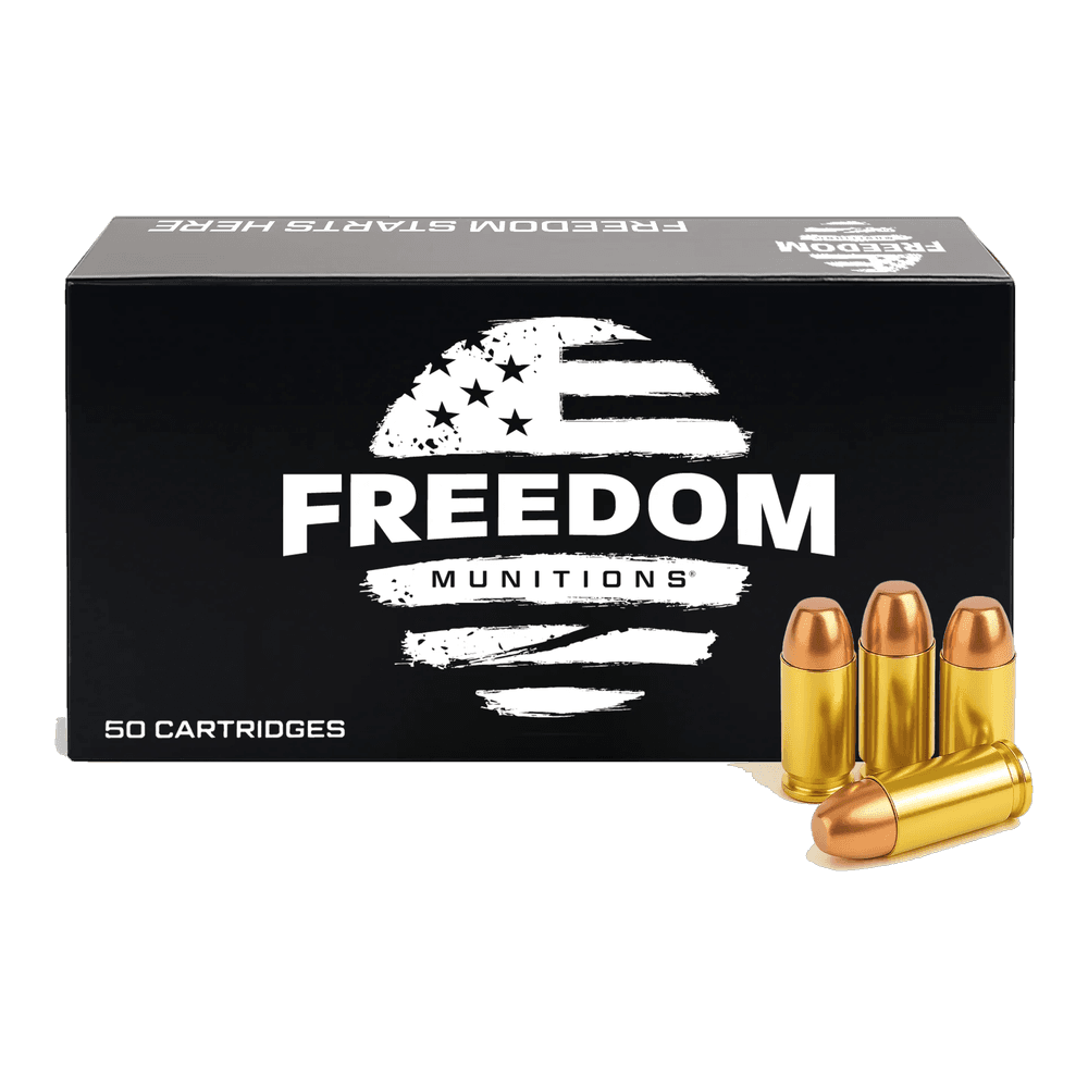 A black 50-cartridge box of Freedom Munitions, with four flat-point cartridges beside it