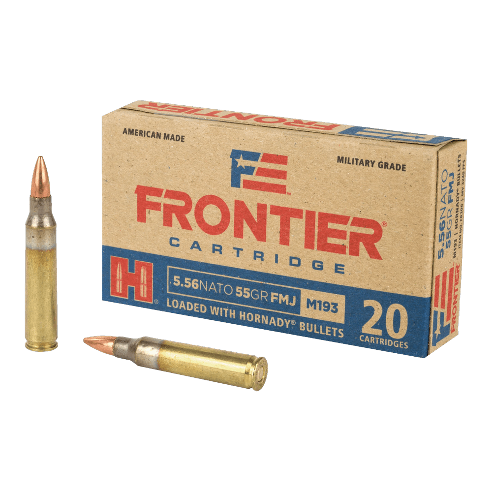 A kraft-brown 20-cartridge box of Hornady Frontier Cartridge 5.56 NATO 55 grain FMJ M193, with two cartridges beside it