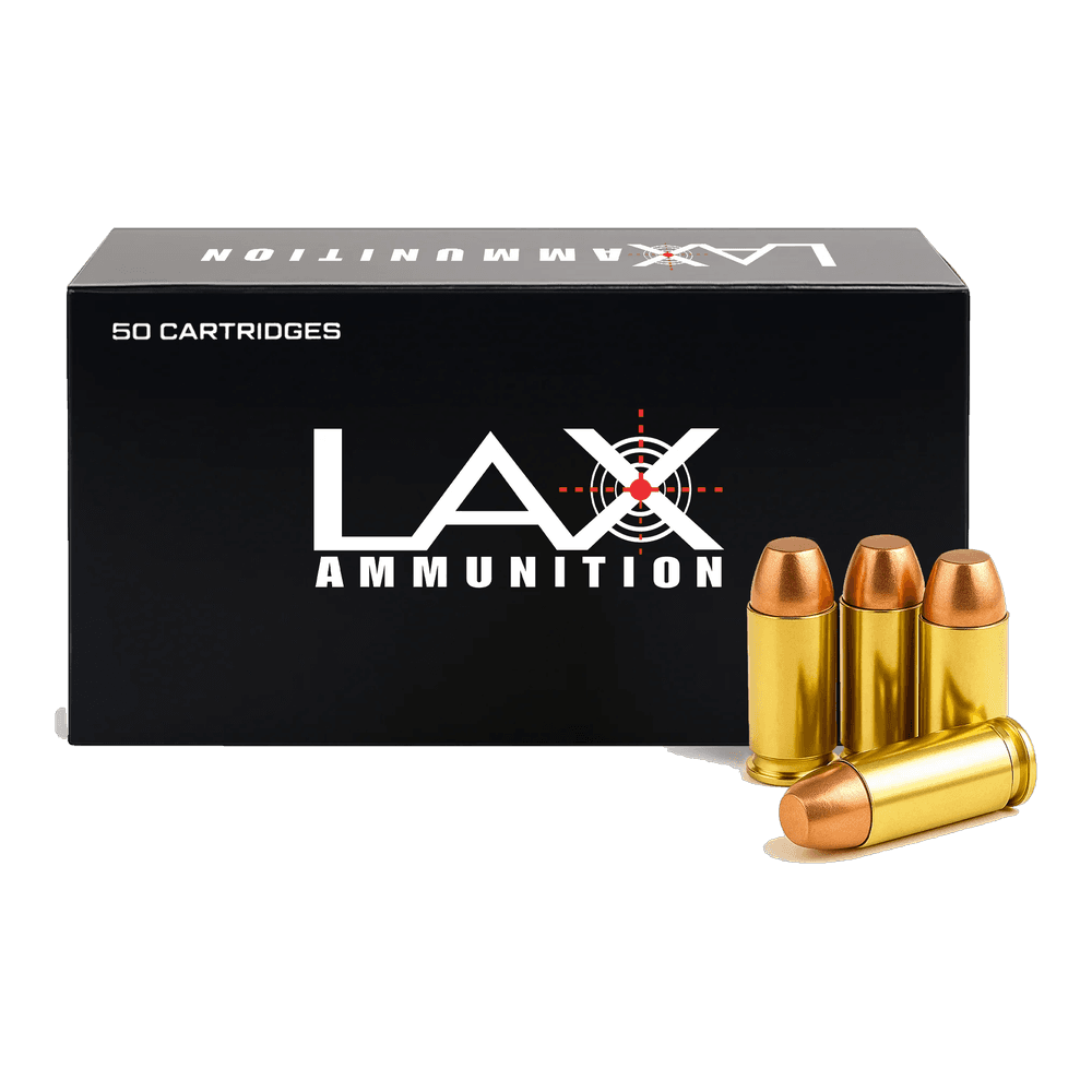 A black 50-cartridge box of LAX Ammunition, with four flat-point cartridges beside it