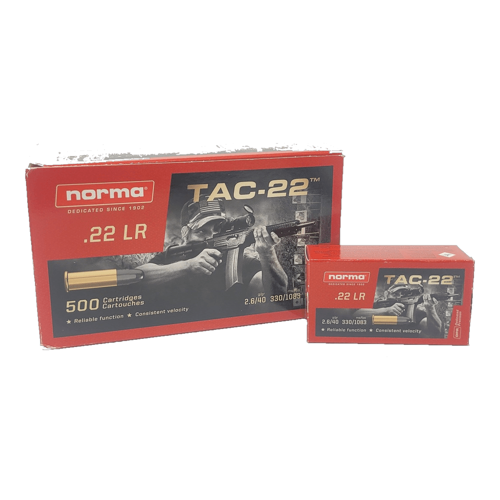 A red 500-cartridge brick of Norma TAC-22 .22 LR, with a 50-round box of the same load beside it