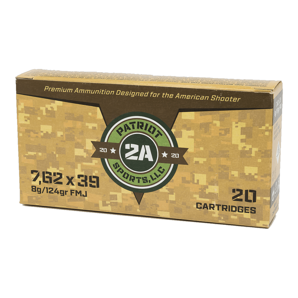 A tan digital-camo 20-cartridge box of Patriot Sports 7.62x39 8g/124gr FMJ, with the green and brown Patriot 2A Sports, LLC badge on the front