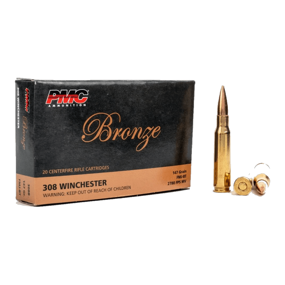 A box of PMC Bronze .308 Winchester 147 grain FMJ-BT, with loose cartridges beside it