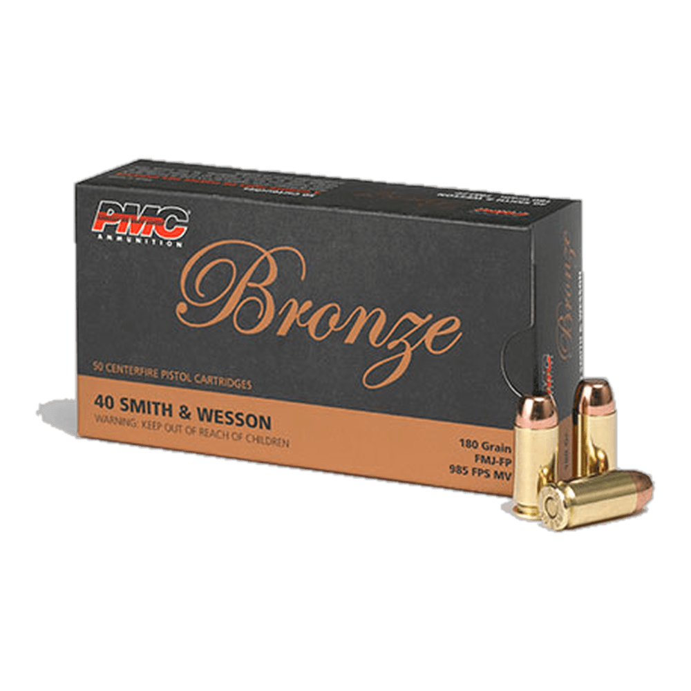 A black and bronze 50-cartridge box of PMC Bronze 40 Smith & Wesson 180 grain FMJ-FP, with three cartridges beside it