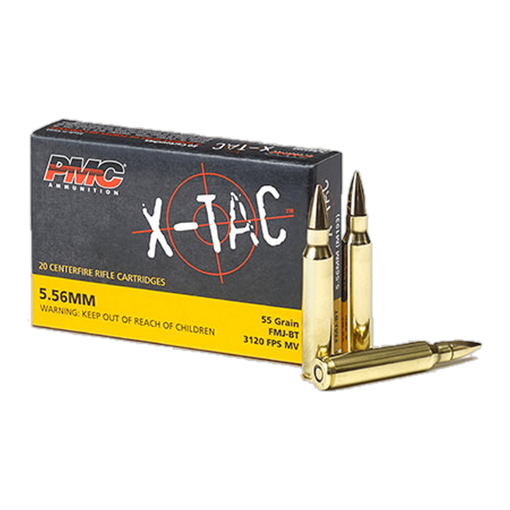 A box of PMC X-TAC 5.56 NATO 55 grain FMJ-BT, with loose cartridges beside it