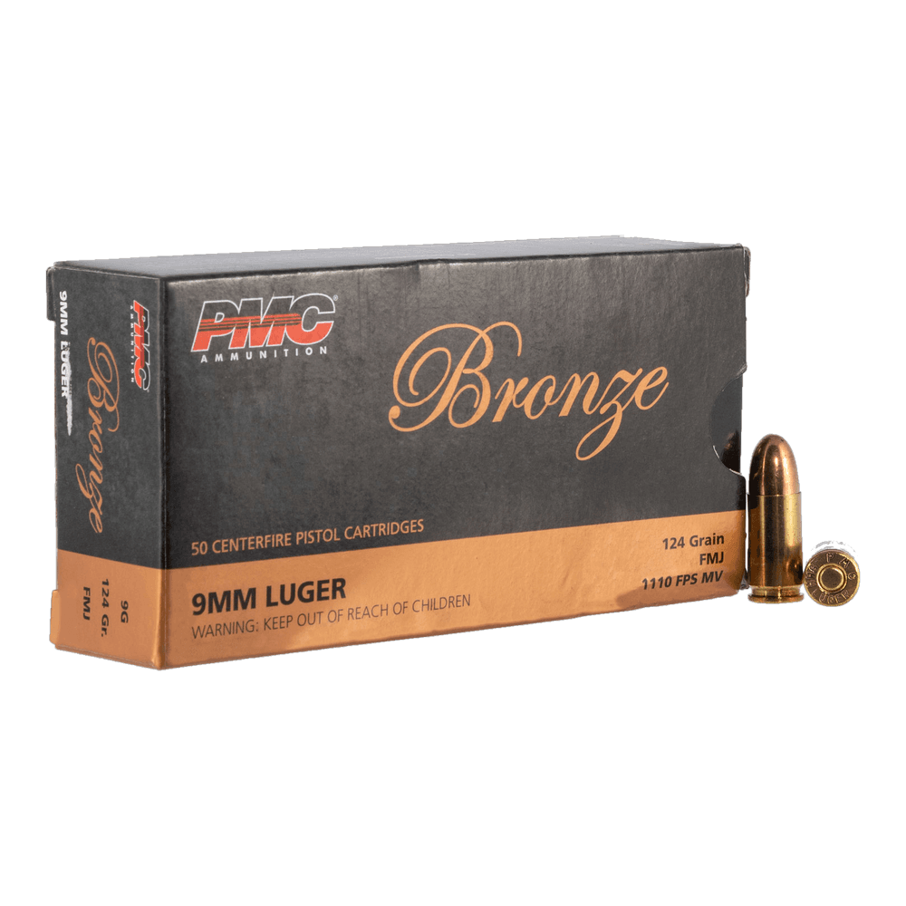 A black and copper 50-cartridge box of PMC Bronze 9mm Luger 124 grain FMJ, with two cartridges beside it