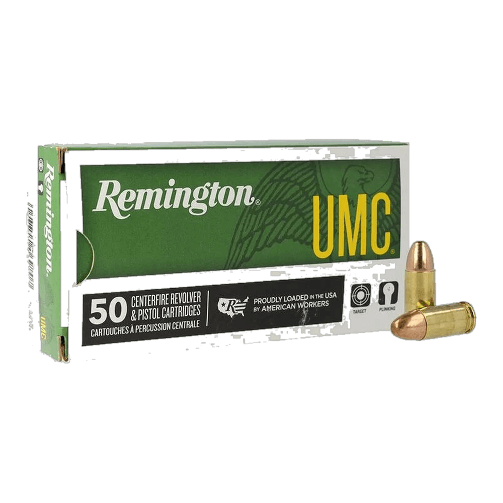 A green and white 50-cartridge box of Remington UMC centerfire pistol ammunition, with two round-nose cartridges beside it