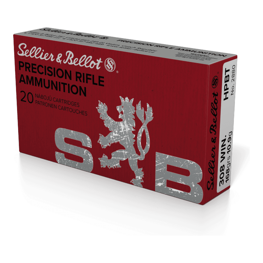 A red 20-cartridge box of Sellier & Bellot Precision Rifle Ammunition, 308 Win 168 grain HPBT