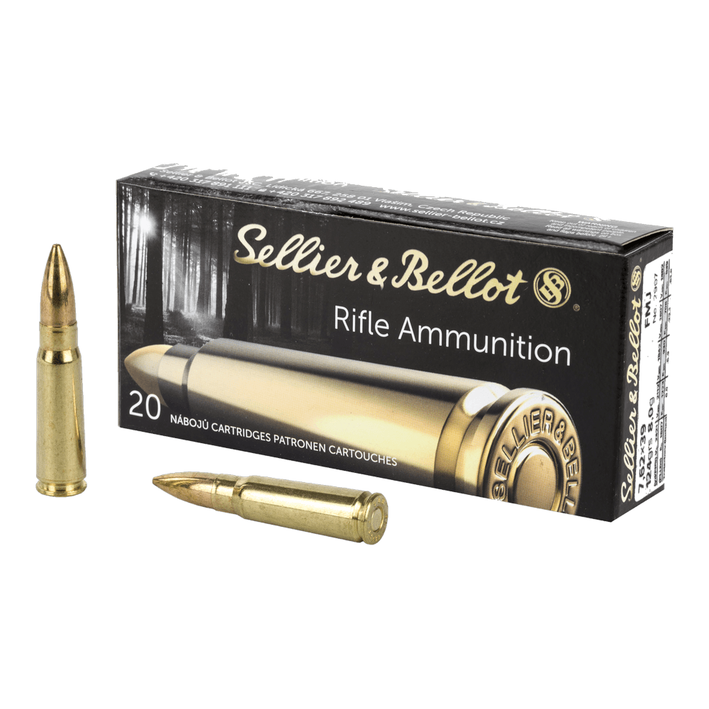 A black 20-cartridge box of Sellier & Bellot Rifle Ammunition 7.62x39, with two cartridges beside it
