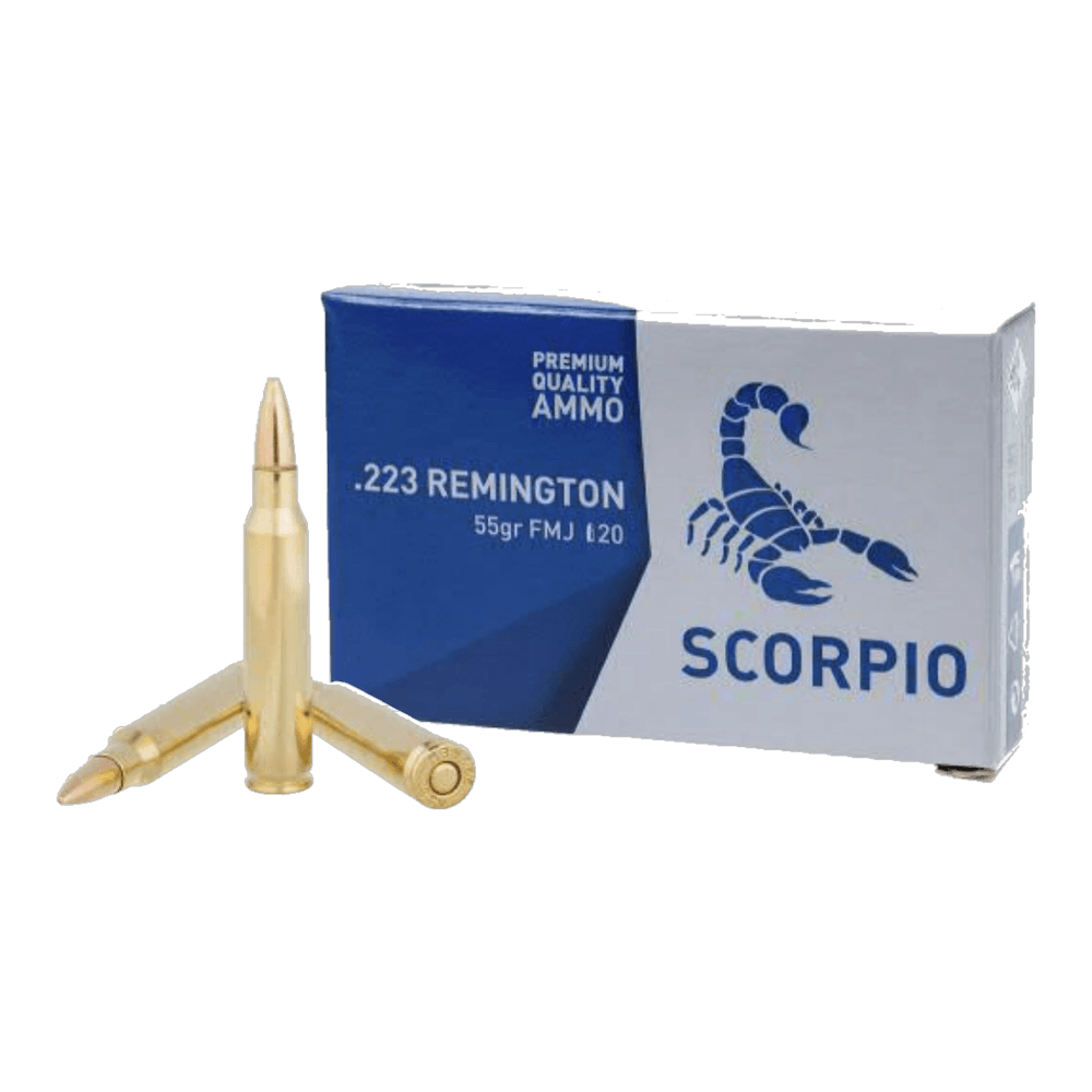 A box of Scorpio .223 Remington 55 grain FMJ, with loose cartridges beside it