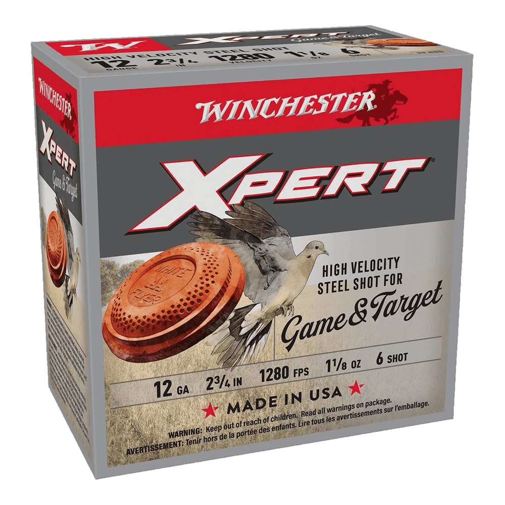 A grey and red 25-shotshell box of Winchester Xpert high velocity steel shot, 12 gauge number 6
