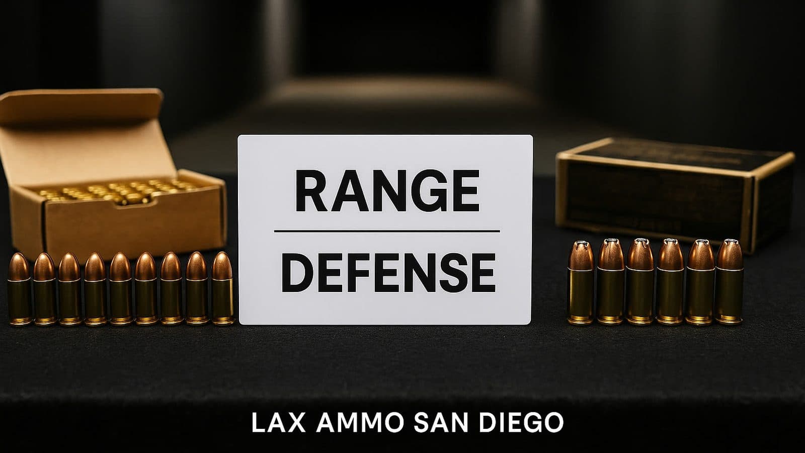 Two rows of 9mm ammunition either side of a card reading RANGE over DEFENSE