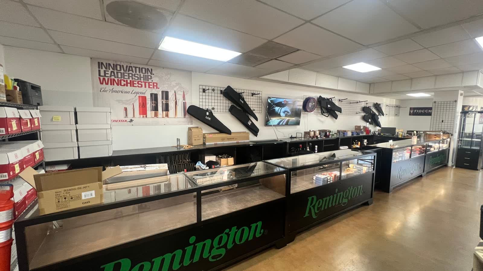 Boxed pistol ammunition in the counter displays at LAX Ammo San Diego in Kearny Mesa