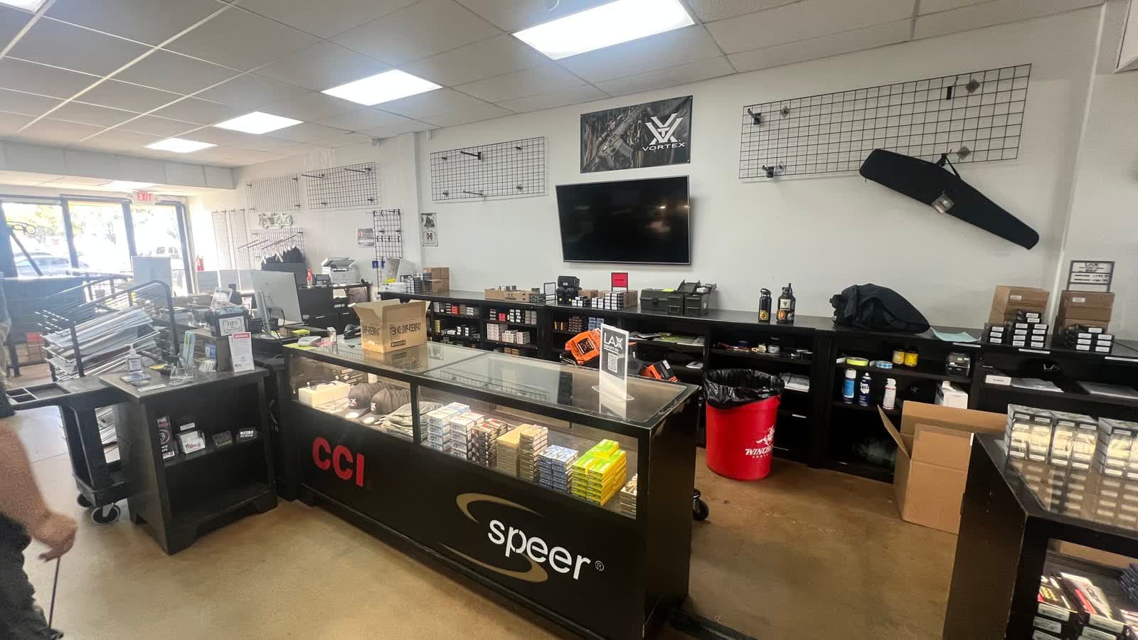Brand-name ammunition in the counter display cases at LAX Ammo San Diego in Kearny Mesa