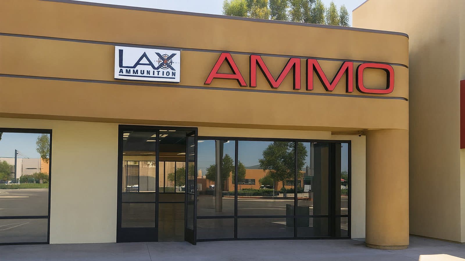 The LAX Ammo San Diego storefront on Mercury St in Kearny Mesa — a red AMMO sign above the glass doors
